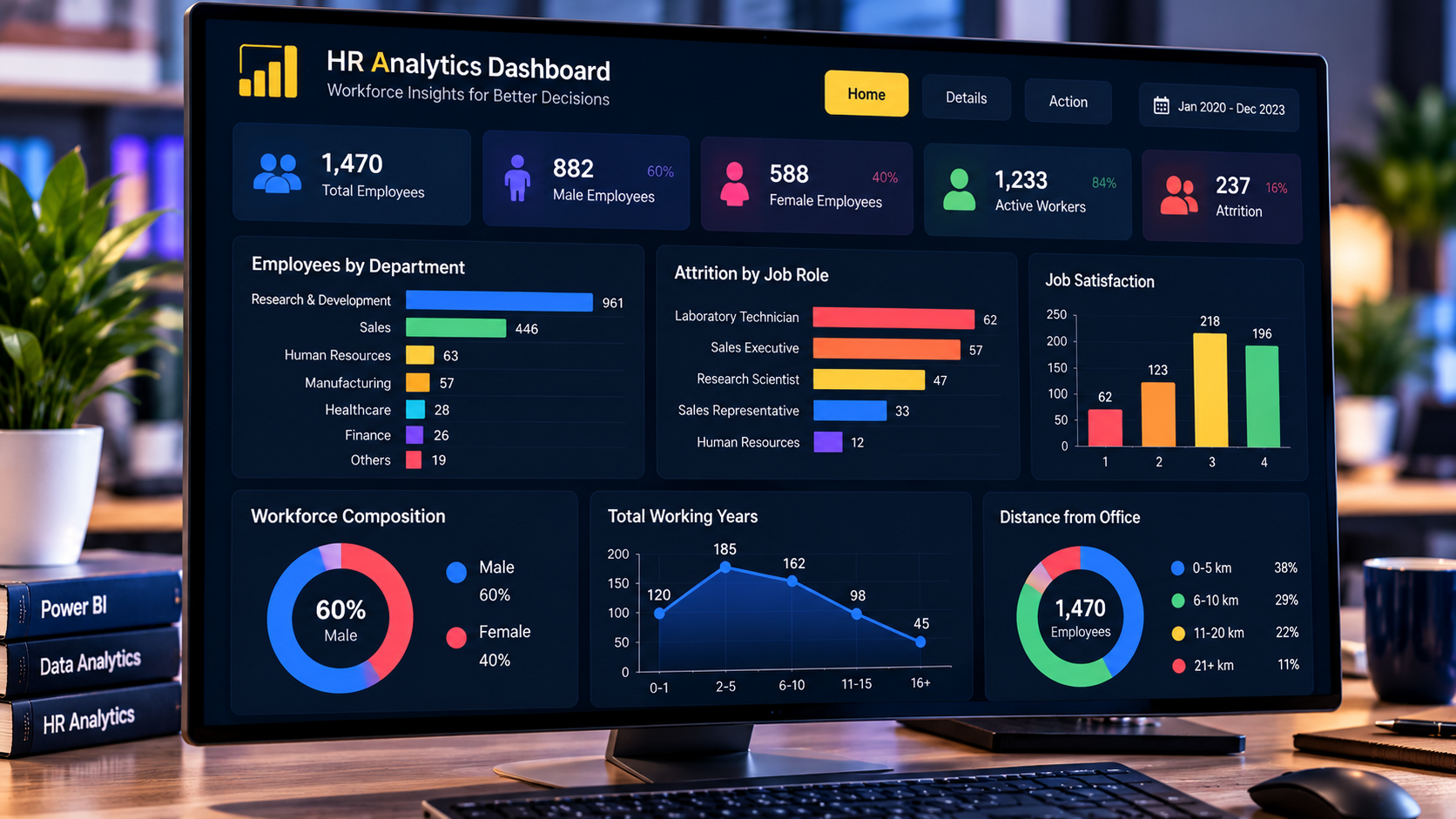 Project cover illustration of an HR analytics dashboard with workforce and attrition charts