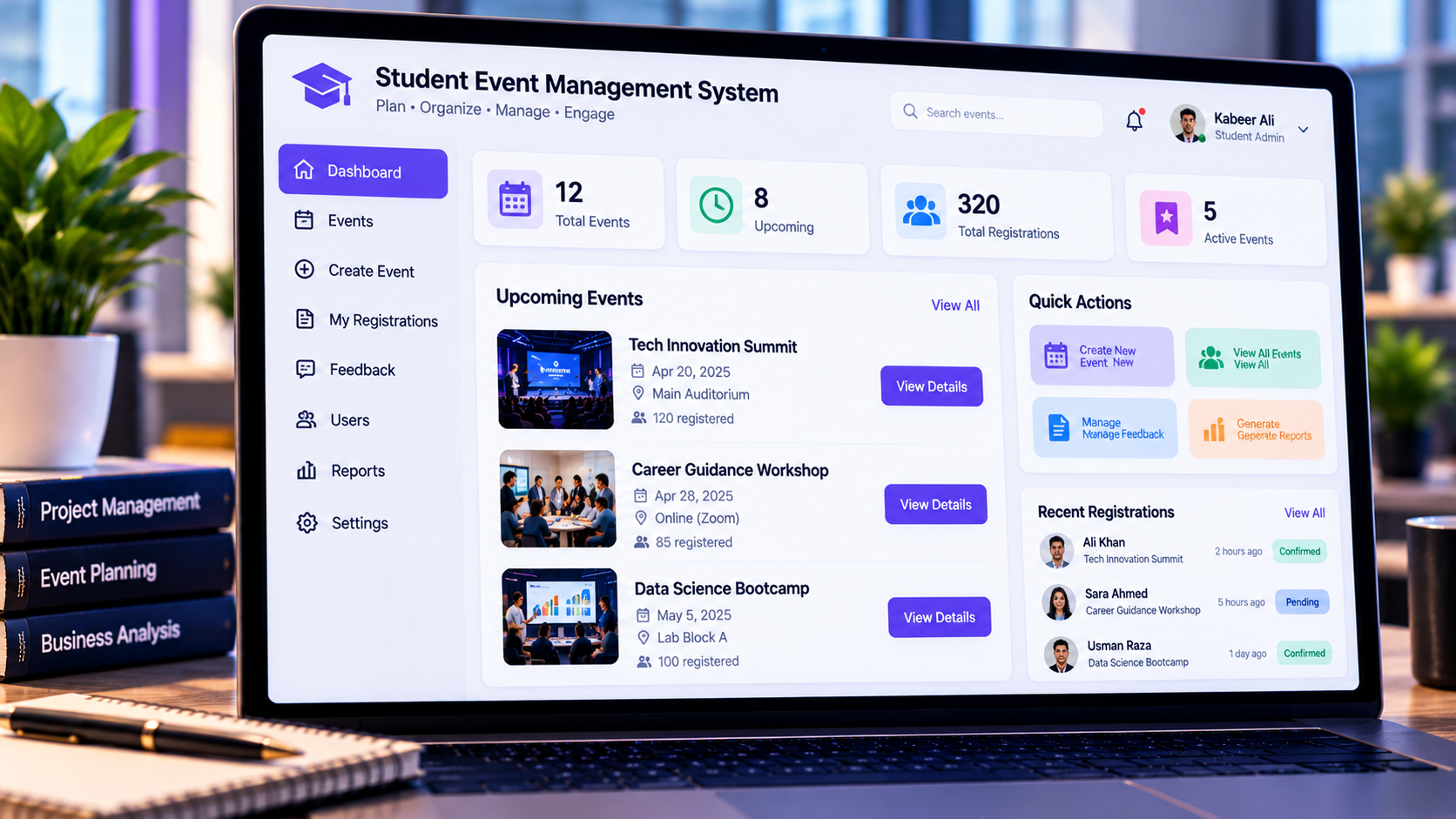 Project cover illustration of a student event management interface with event listings